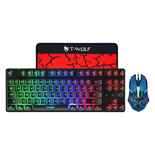Kit Gaming T-Wolf TF260 : Clavier RGB, Souris Ergonomique et Tapis Antidérapant USB pour une Expérience de Jeu Optimale